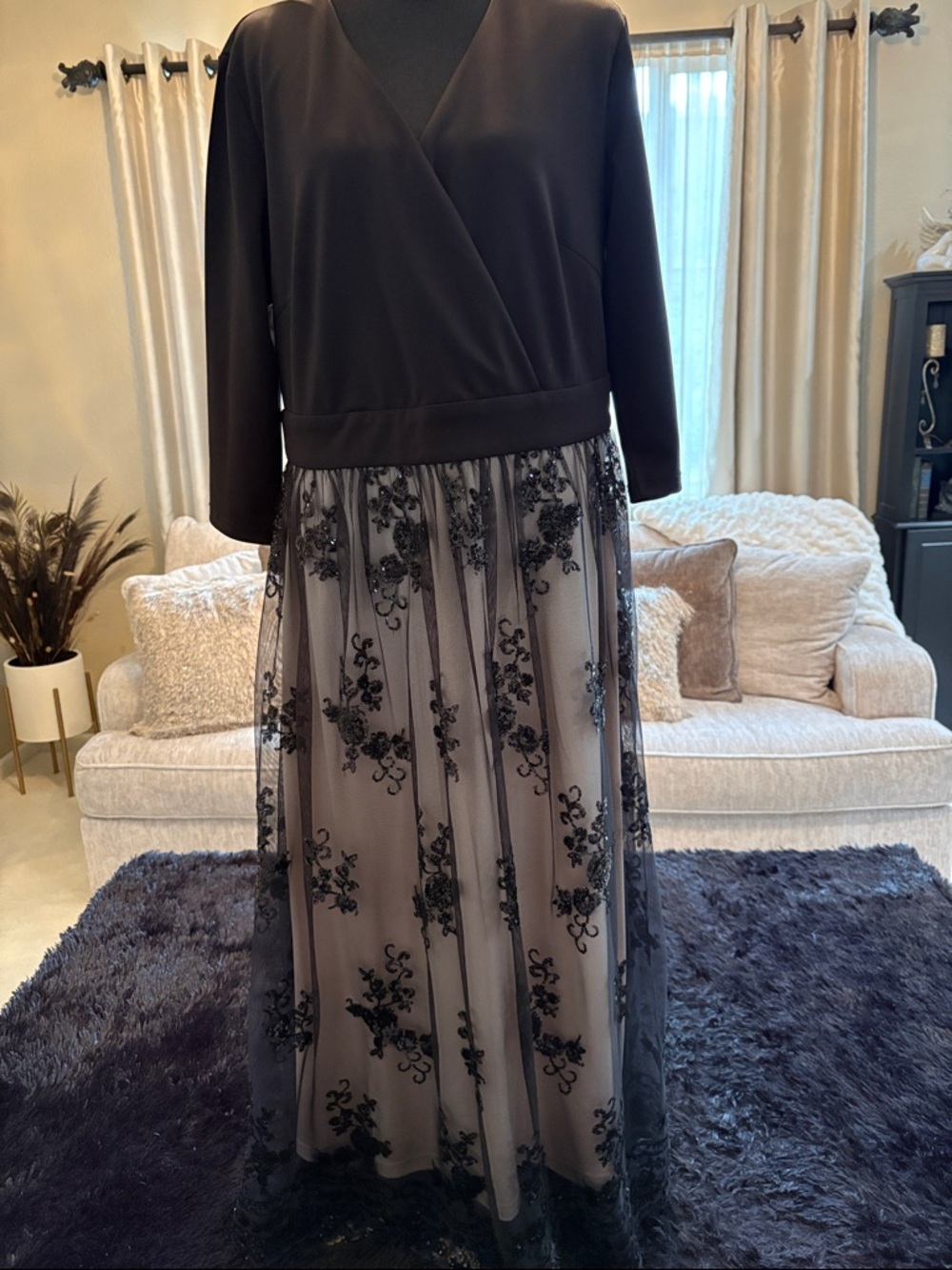 Elegant Black Lace Overlay V-Neck Dress
